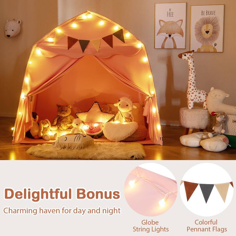 Gymax Kids Play Tent w/Flags and Globe String Lights for 3-12 Years - See Details