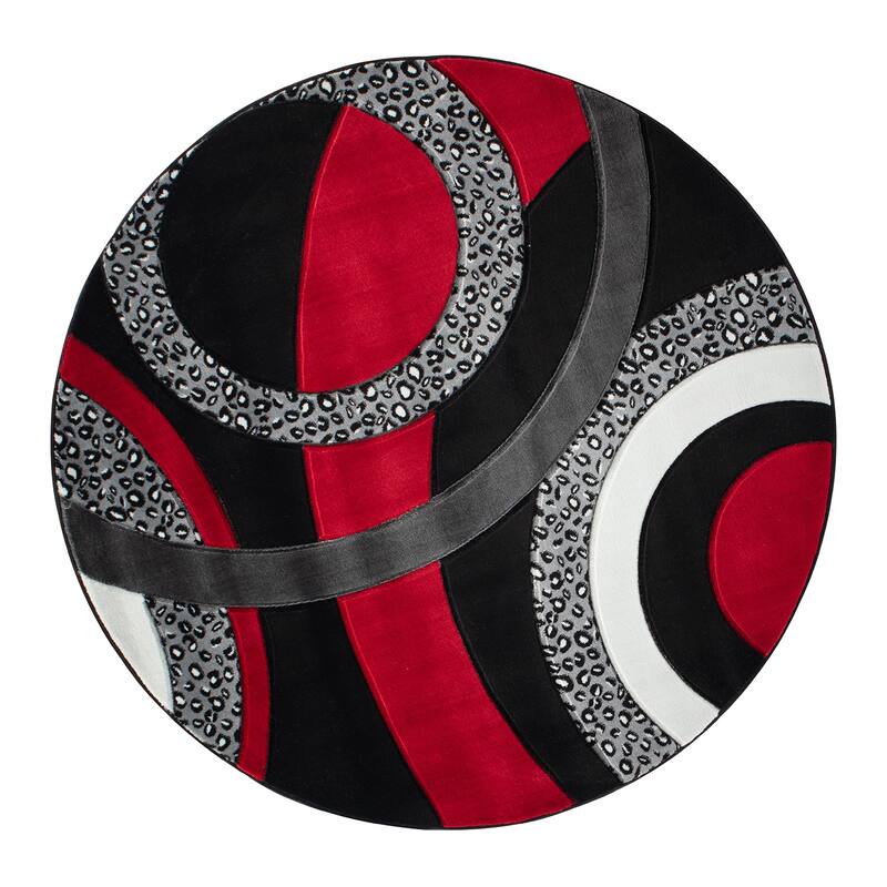 Orelsi Collection Abstract Area Rug - 5'2" Round - Black/Red
