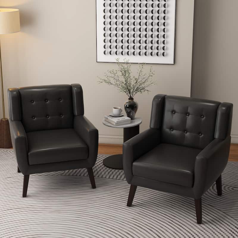 Modern Upholstered Faux Leather Tufted Armchair Linen Accent Chairs - Set of 2 Chairs - Black/PU Leather