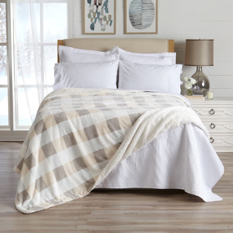 Luxurious Velvet Plush Fleece Reversible Sherpa Bed Blanket - Full / Queen - Taupe / Grey Buffalo Check