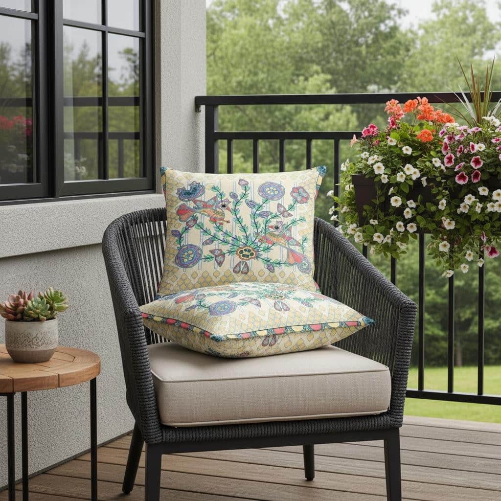 HomeRoots Set of Two 16" X 16" Blue and Yellow Peacock Blown Seam Floral Indoor Outdoor Throw Pillow - 16.00' X '16.00' X '5.00