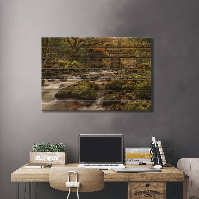 Woodland Bridge Print On Wood by Adam Burton - Multi-Color