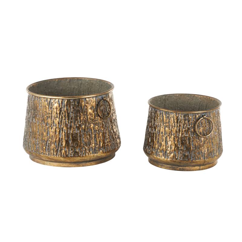 Brass Metal Textured Abstract Indoor Outdoor Planter with Gray Weathered Spots and Ring Handles (Set of 2)