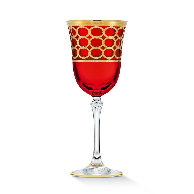 Lorren Home Trends Deep Red Colored Red Wine Goblet with Gold Rings, Set of 4