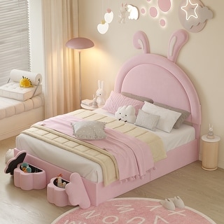 Full Size Upholstered Rabbit-Shape Headboard Platform Bed with 2 Storage Stools