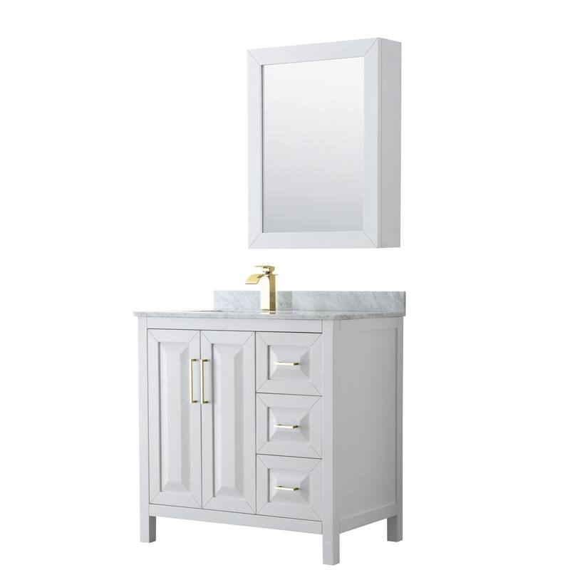 Wyndham Collection Daria 36" Free Standing Single Vanity Set with MDF - White / White Carrara Marble Top / Brushed Gold - Painted