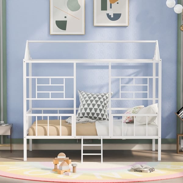 slide 2 of 26, Modern Simple Metal All-in-One House Bed Frame, Twin Size Low Loft Bed w/ Slatted Support No Box Spring Needed for Bedroom White