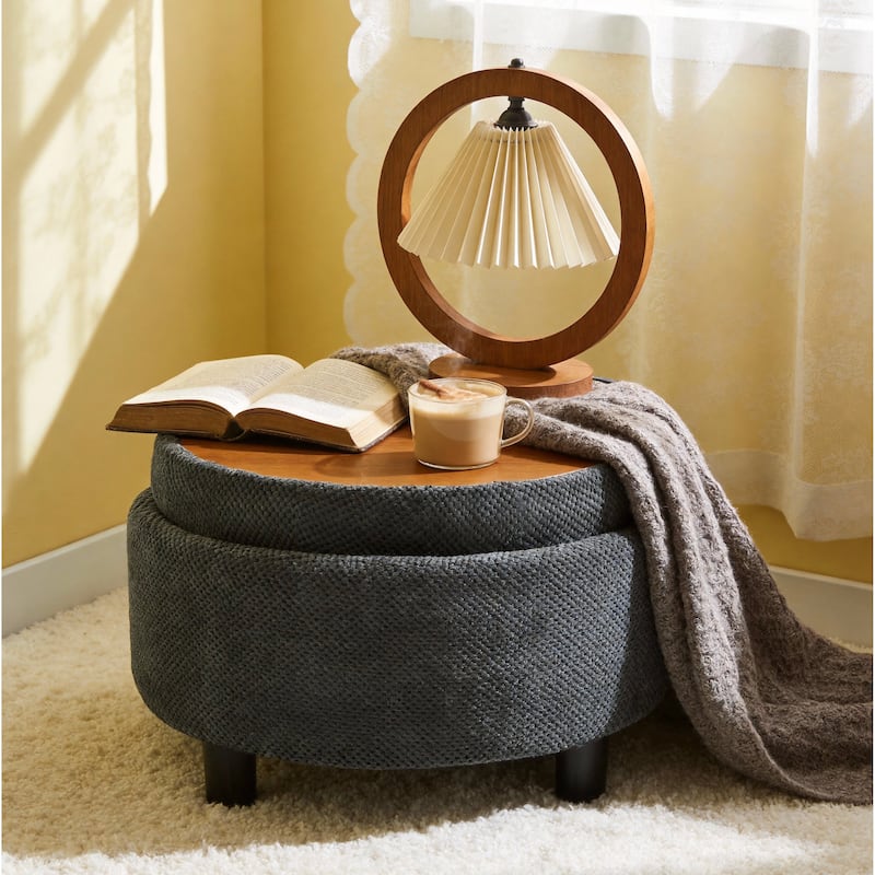Round Storage Ottoman with Lift-Off Tray and Upholstered Fabric - DARK GREY