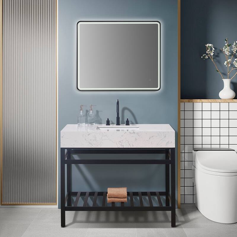 Altair Merano Stainless Steel Vanity Console with Stone Countertop and Mirror