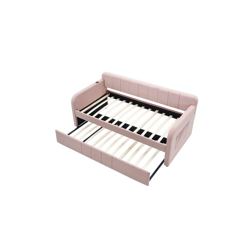 Twin Size Velvet Upholstered Daybed, Wood Sofa Bed Frame Daybed Couch with Trundle Bed and Wood Slat