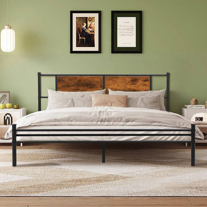 Queen Size Metal Platform Bed with Wood Headboard and Footboard, 14" Under-Bed Storage - Black
