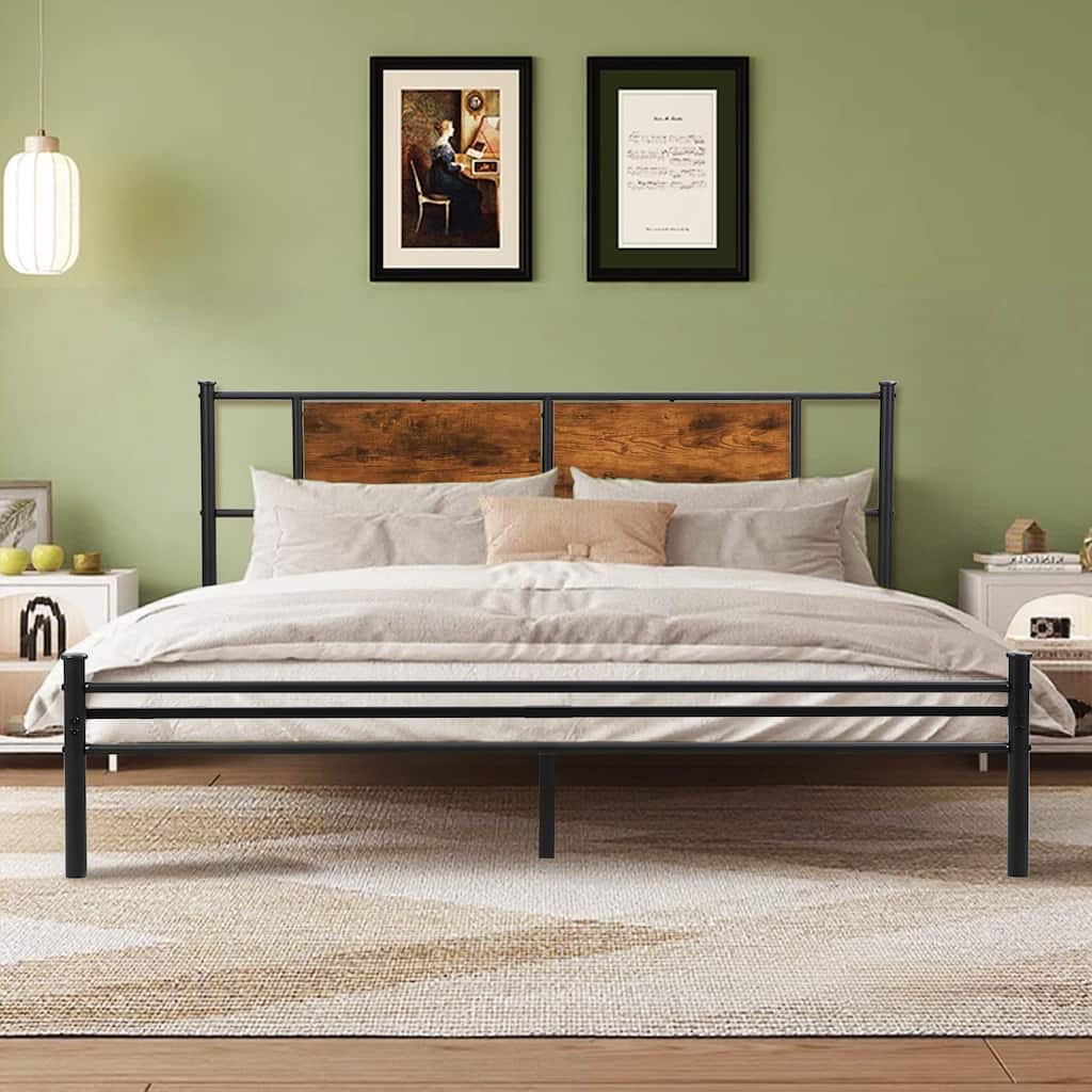 Sturdy King Bed Frame with Wood Headboard & Footboard, No Box Spring Needed