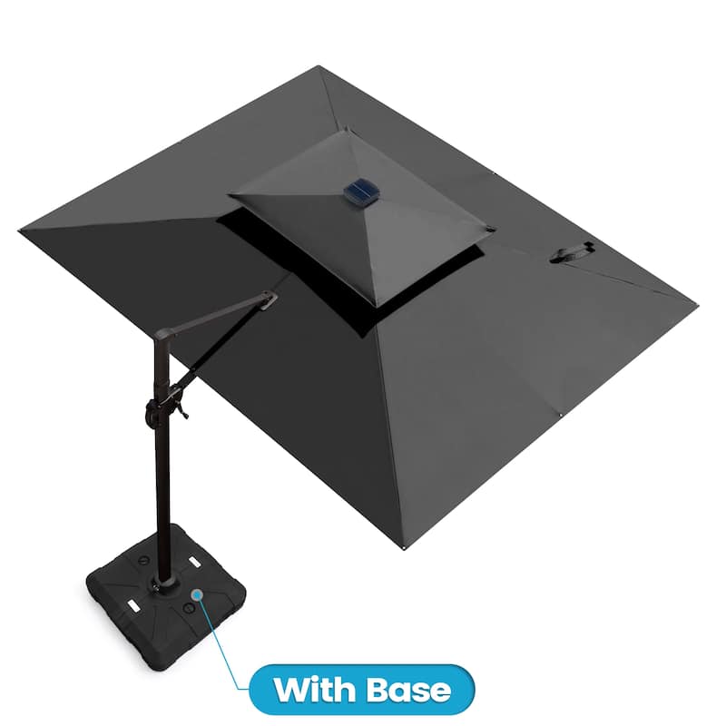 11 ft Outdoor Aluminum Dual Top Solar Powered LED Lighted Patio Cantilever Umbrella and Weighted Base - Black with Base