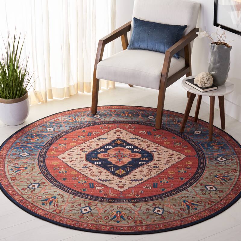 SAFAVIEH Tucson Machine Washable Slip Resistant Ozden Traditional Rug - 3' Round - Rust/Blue