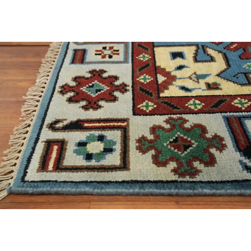 Hand-knotted Traditional Wool Blue Geometric Oriental Area Rug - 5' 11'' X 4' 0''