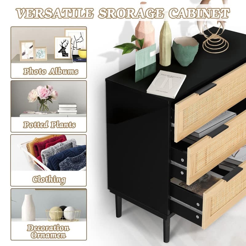Rattan 3 Drawer Wood Dresser
