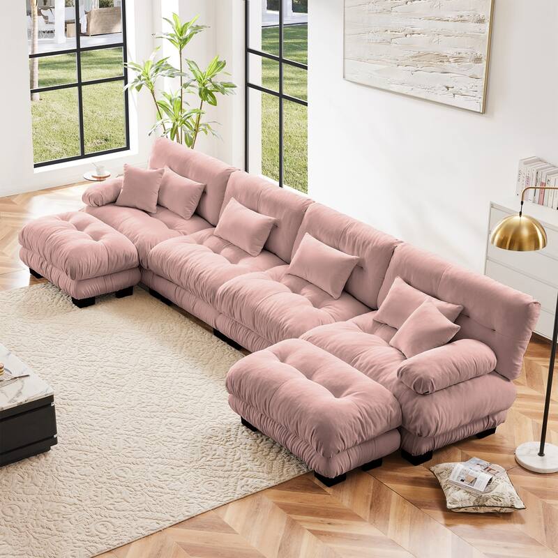 173.2" Chenille U-Shaped Cloud Sectional Sofa with 2 Ottomans (4-Seater Modular) - Pink