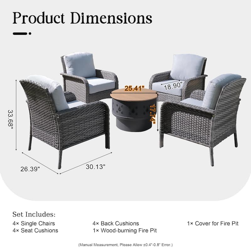 HOOOWOOO 5-piece Patio Wicker Chair Set with Wood Burning Fire Pit
