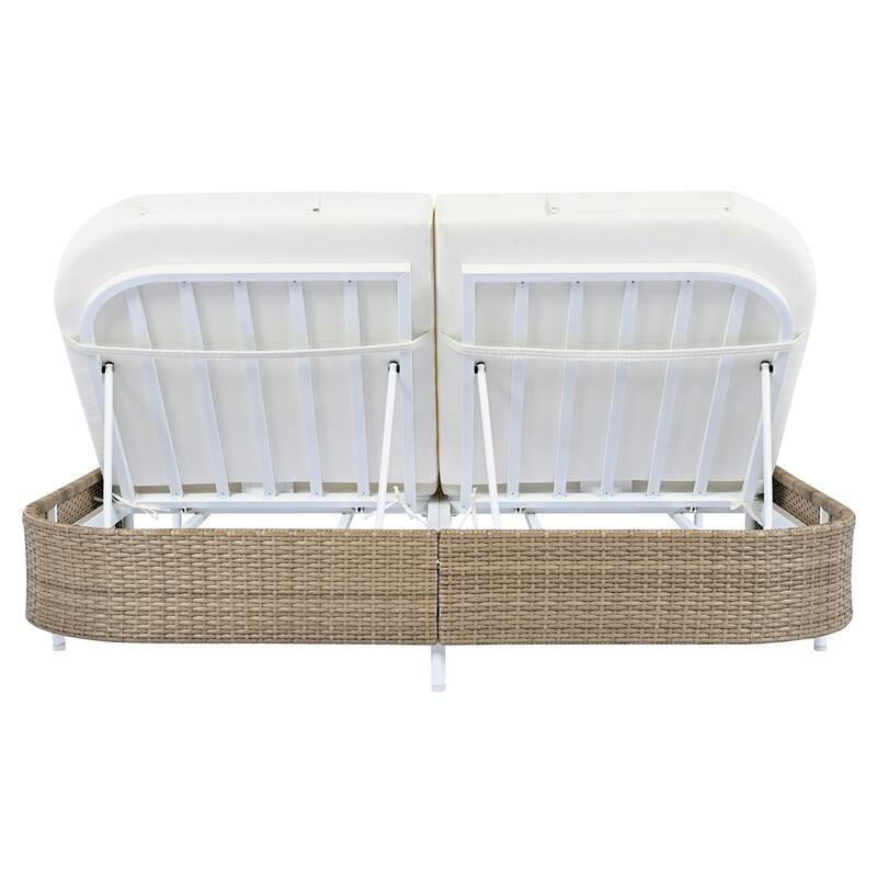 Patio Rattan Double Chaise Lounge Daybed with 5-Position Adjustable Backrest & Iron Frame