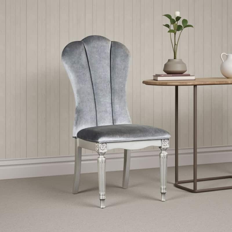Hixe Side Dining Chair Set of 2, Silver Wood, Gray Fabric Cushioned Seats