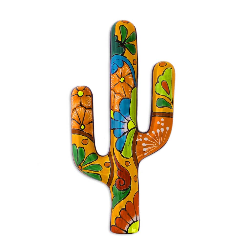Novica Handmade Talavera Saguaro Ceramic Wall Sculpture