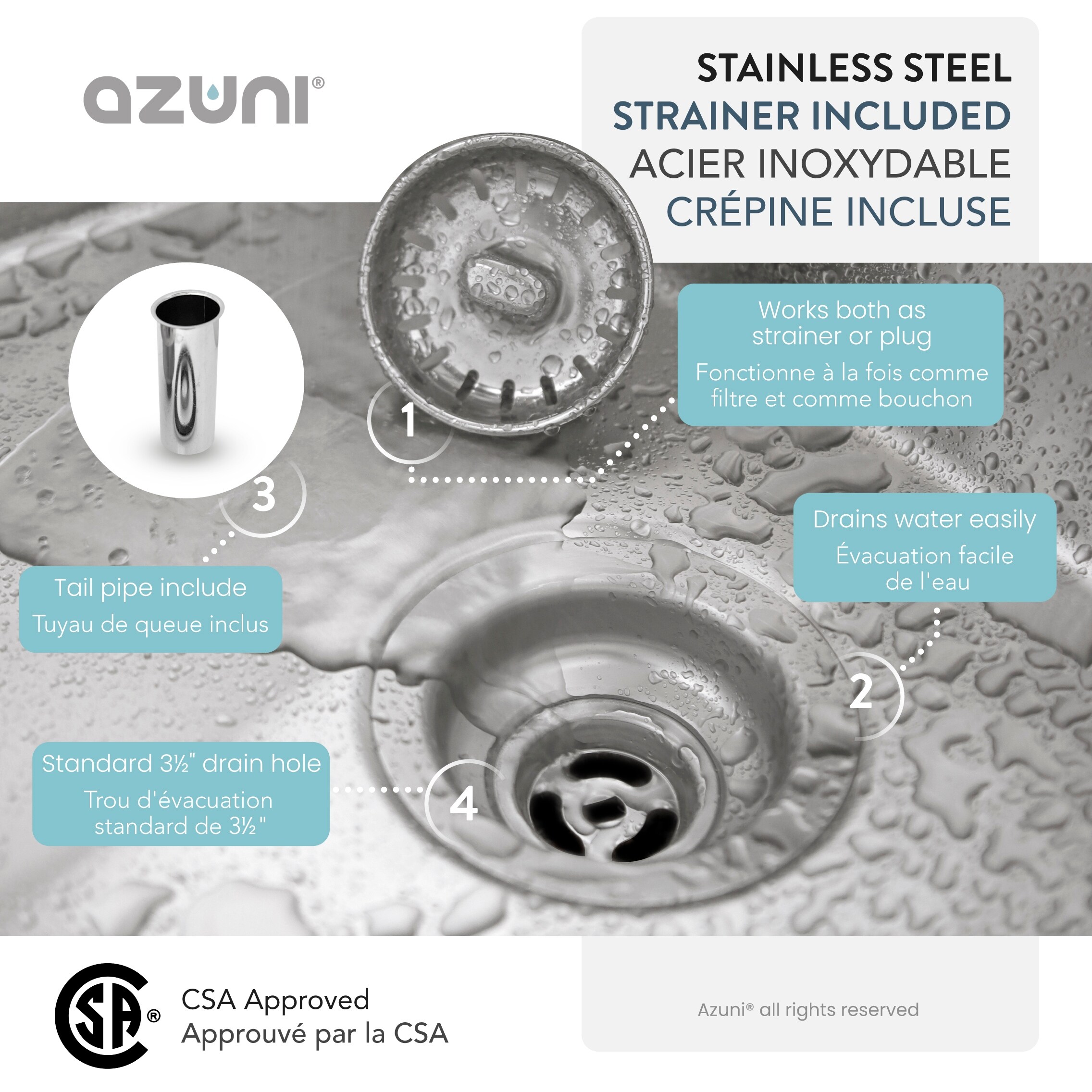 AZUNI 27 inch Stainless Steel 16G 60/40 Double Bowl Reversible