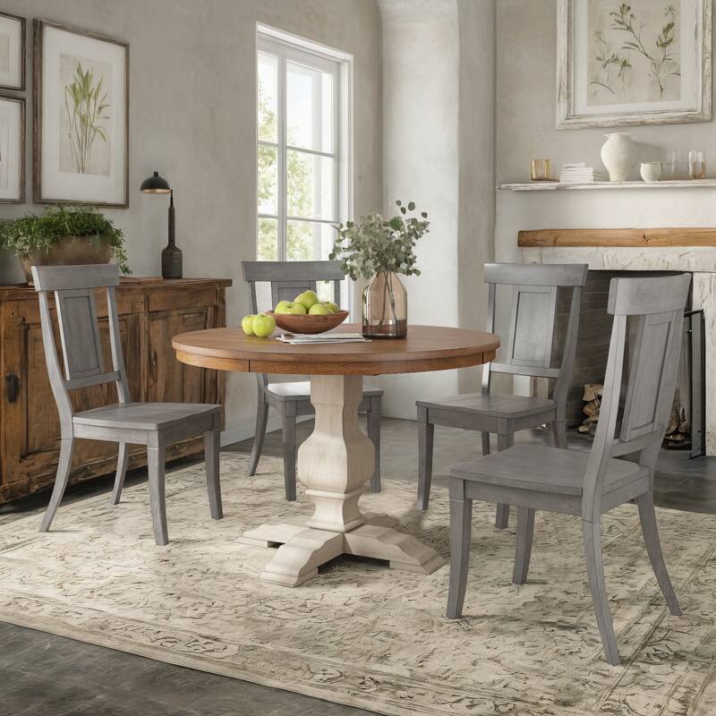 Ronda 45" Round Solid Wood Top Dining Set with Panel Back Chairs - Antique White Table - Antique Grey Chairs