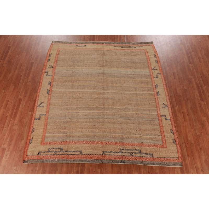 Hand Woven Oriental 100% Jute Carpet Southwestern Modern Brown Kilim Area Rug - 9' 9'' X 8' 8''