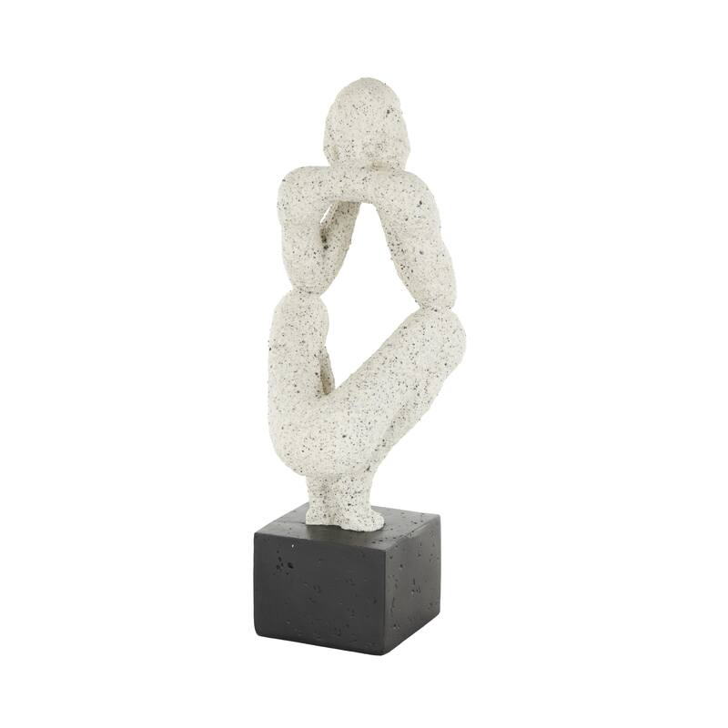 Cream Polystone Crouching People Decorative Sculpture with Black Square Base