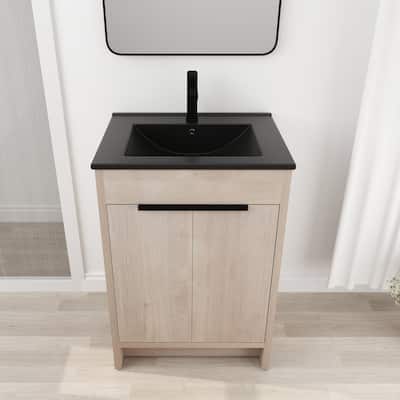 24 Inch Plywood Freestanding Bathroom Vanity With Adjustable Shelf and Black Integrated Ceramic Sink