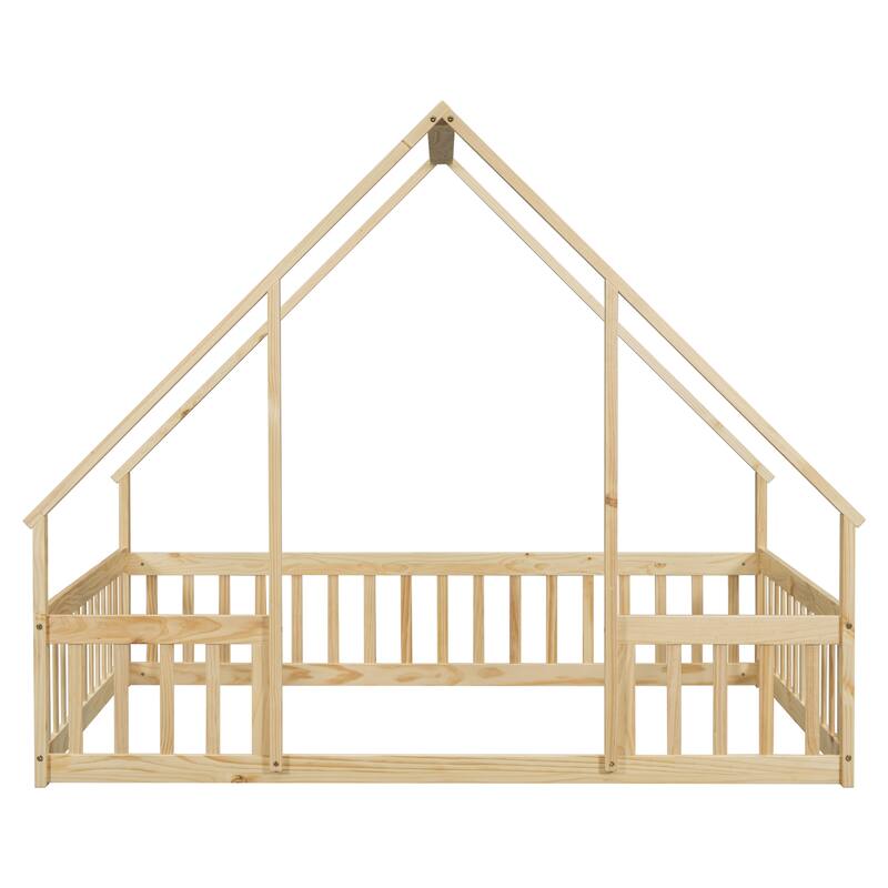 Full Size Pine House-Shaped Floor Bed with Roof & Guardrails