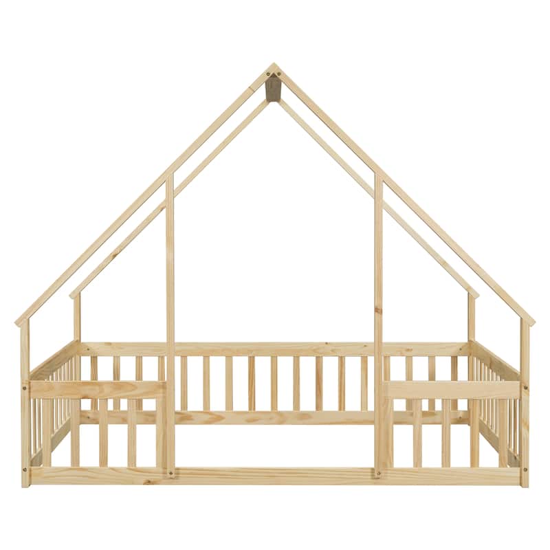 Full Size Pine Wood House-Shaped Floor Bed with Fence, Guardrails and Roof for Bedroom