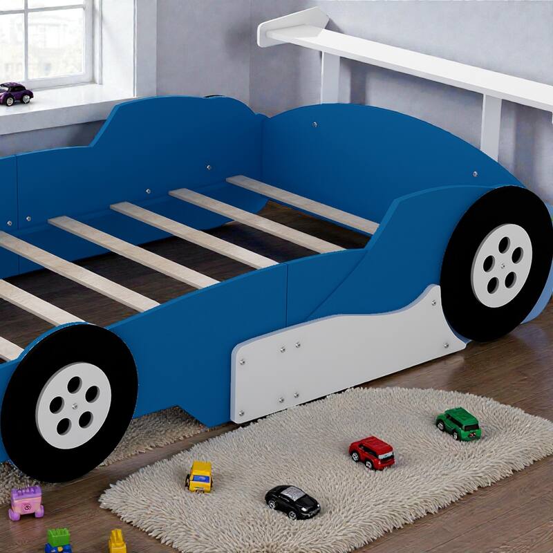 Race Car Platform Bed with Wheels, Kids Car-Shaped Bed Frame with Safety Rails