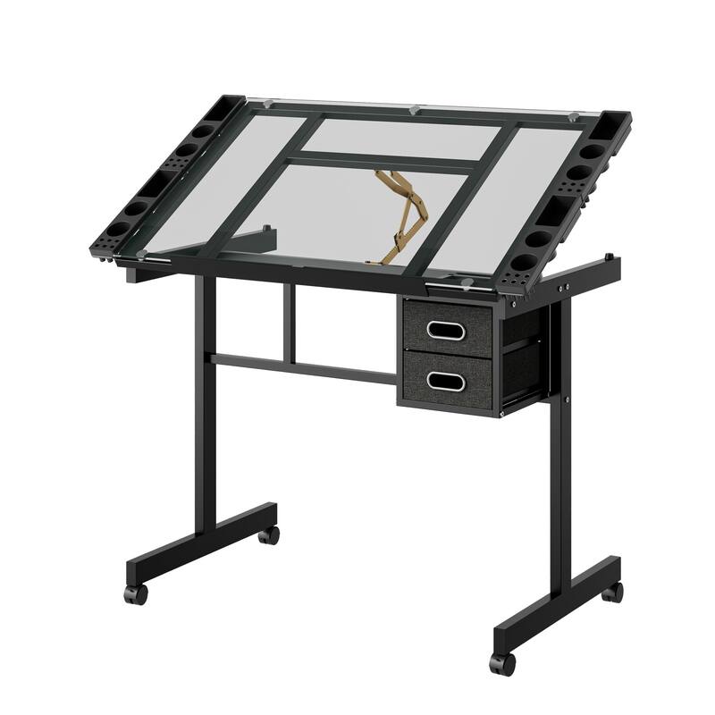 Adjustable Art Drawing Desk Craft Station Drafting with 2 fabric Drawers and 4 Wheels (white)