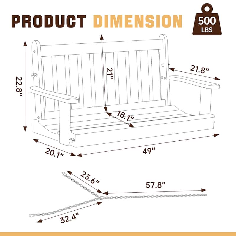 Futzca Outdoor Wooden Porch Swing, Bench Swing with Hanging Chains