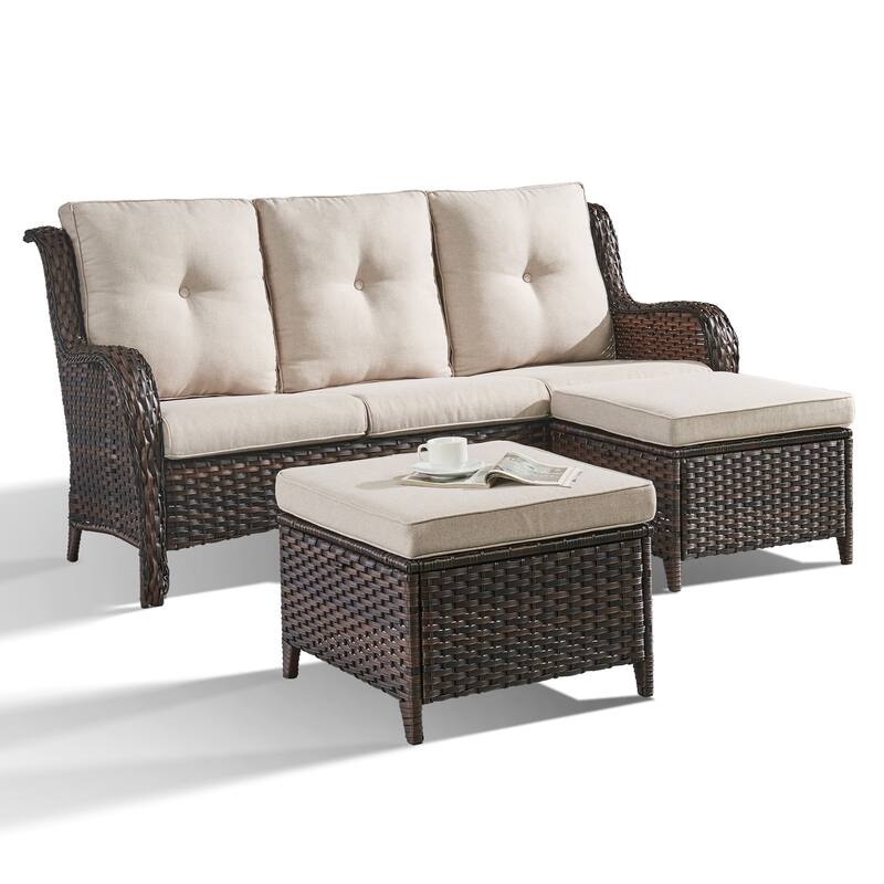 Outdoor 3-Piece Wicker Sofa Set with Ottoman