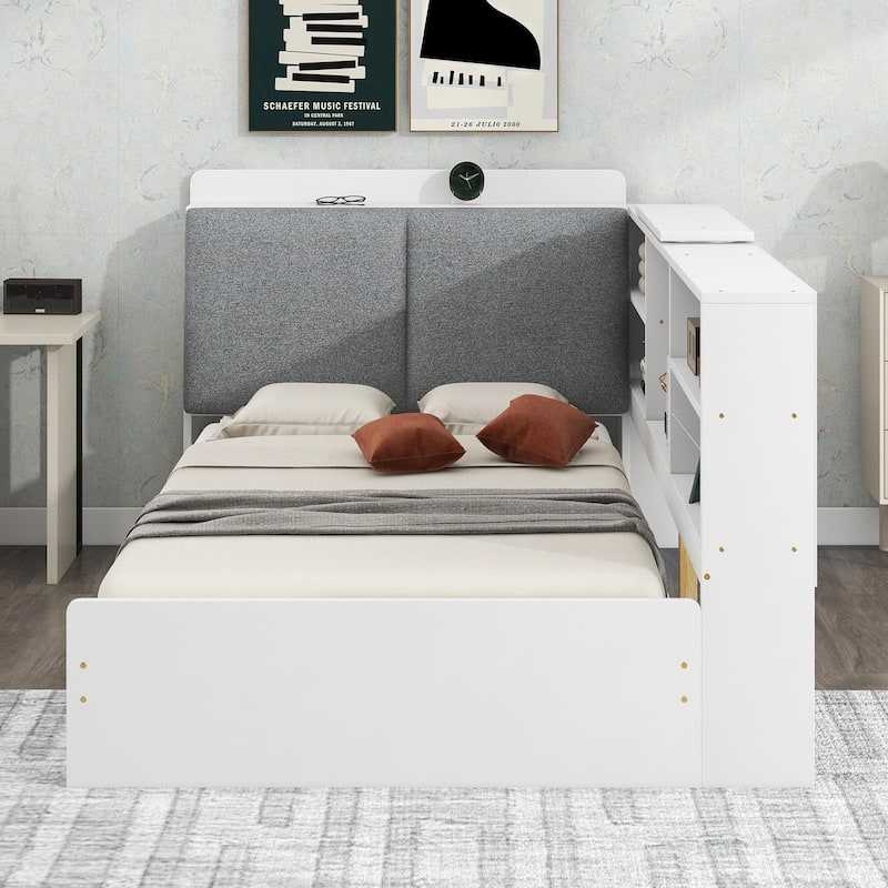 Wood Twin Size platform bed with Storage Headboard