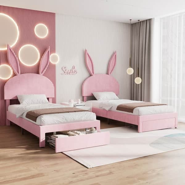 slide 2 of 9, VECELO Twin Beds Set of 2 with Drawer for Kids, Upholstered Storage Bedframes, Brown Kids Bed Set of 2 Pink