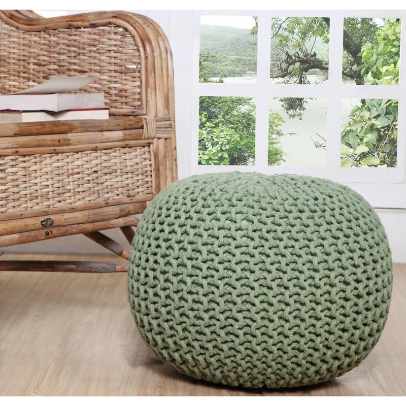 AANNY Designs Lychee Knitted Cotton Round Pouf Ottoman - Sage Green