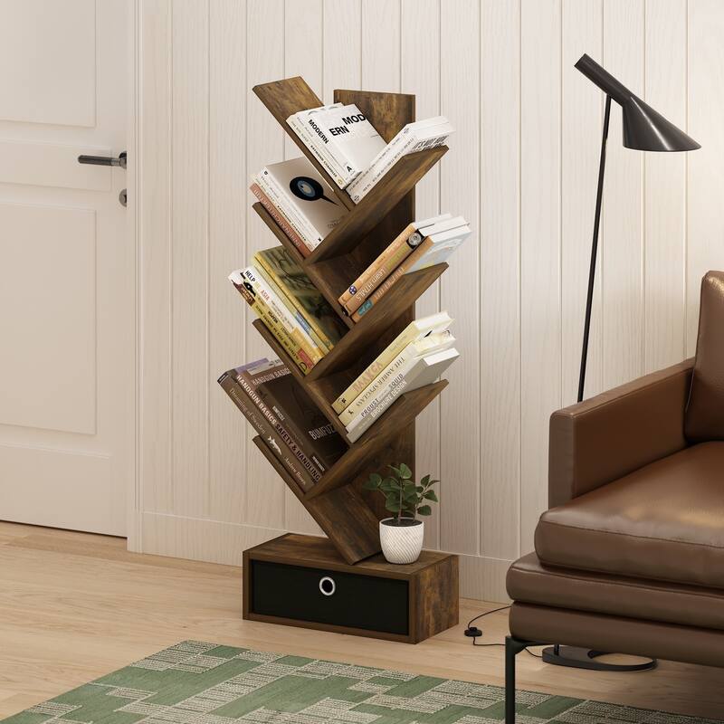 46.18 in. Tall Pine/Black Wood 7-Shelf Bookcase