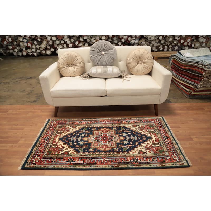 Hand Knotted Oriental 100% Wool Carpet Traditional Medallion Navy Blue & Blues Heriz (serapi) Area Rug - 5' 2'' X 2' 9''