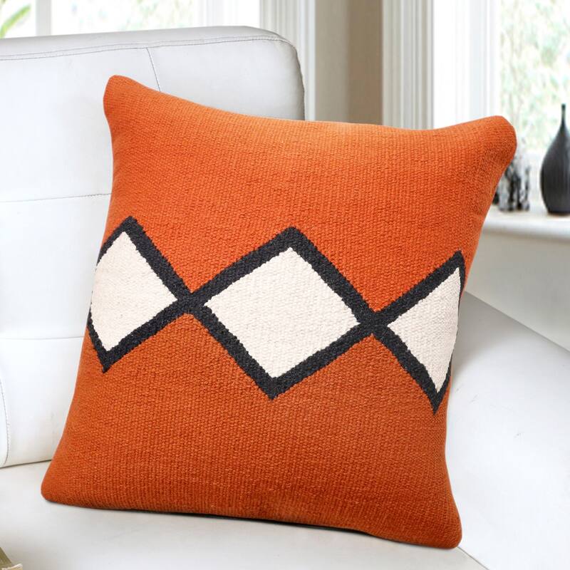 Handwoven Embroidered Diamond Cotton Throw Pillow Cover - 20" - Orange and White