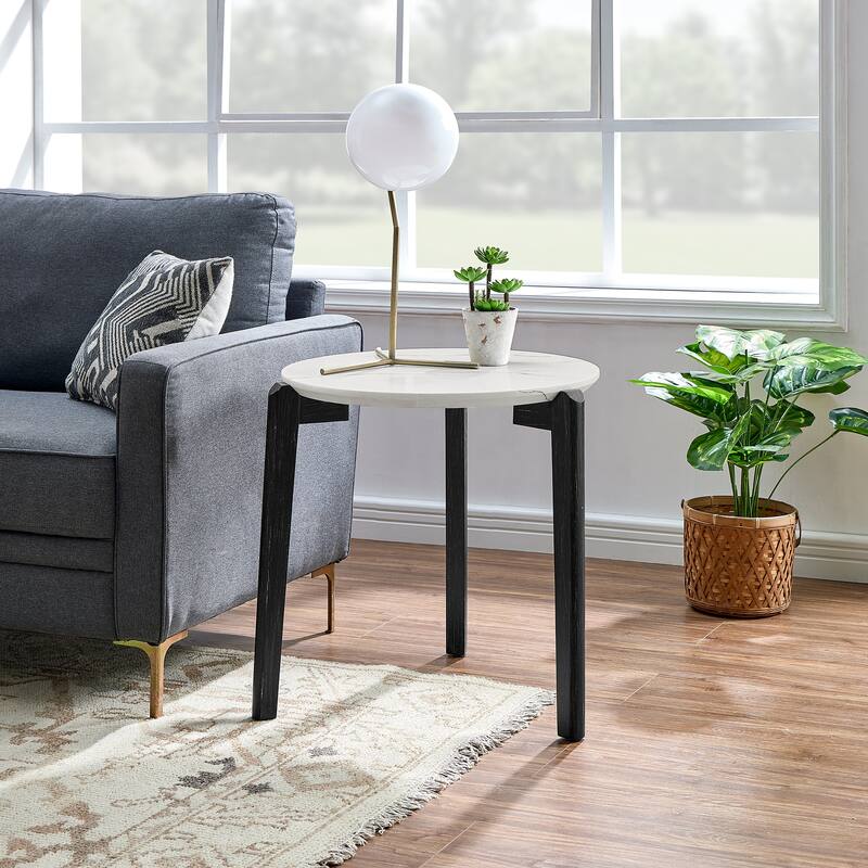 Modern 24-Inch Round Coffee Table - Stylish Imitation Marble Top with Solid Rubber Wood Legs-Perfect Small Wooden Coffee Table - White+Black
