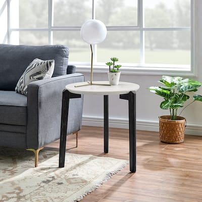 Modern 24-Inch Round Coffee Table - Stylish Imitation Marble Top with Solid Rubber Wood Legs-Perfect Small Wooden Coffee Table