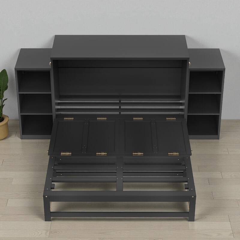 Full/Queen Size Murphy Bed with Storage Drawers and Shelves, Space-Saving Foldable Wall Bed for Guest Room