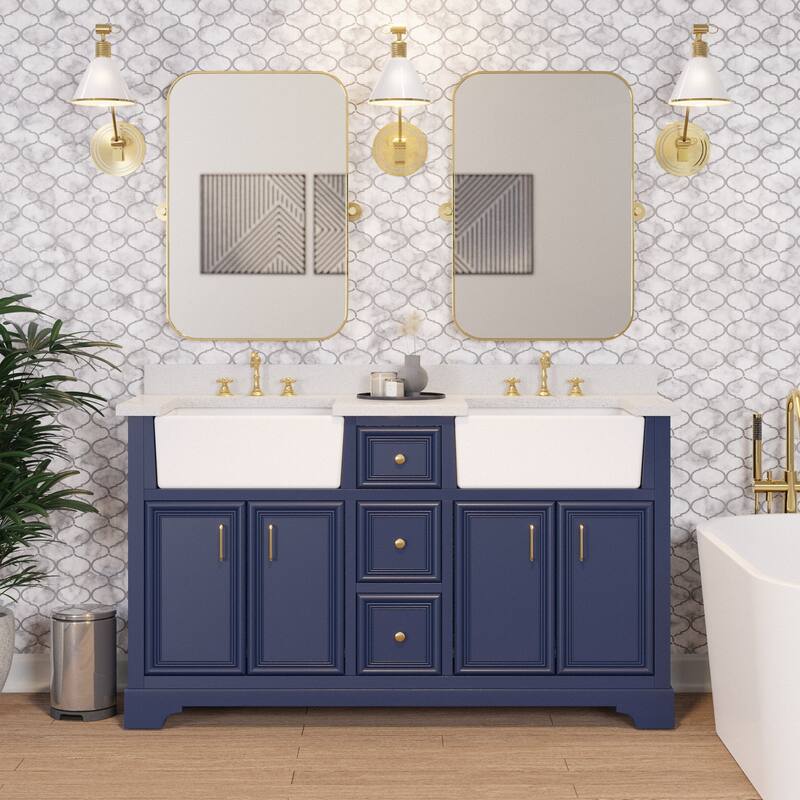 KitchenBathCollection Zelda 60" Double Farmhouse Vanity with Quartz Top - Royal Blue