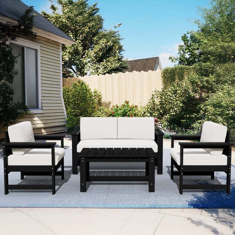 Outdoor Patio HDPE Sectional Sofa and Table Set, Removable Cushions Included, a Loveseat, 2 Single Sofas