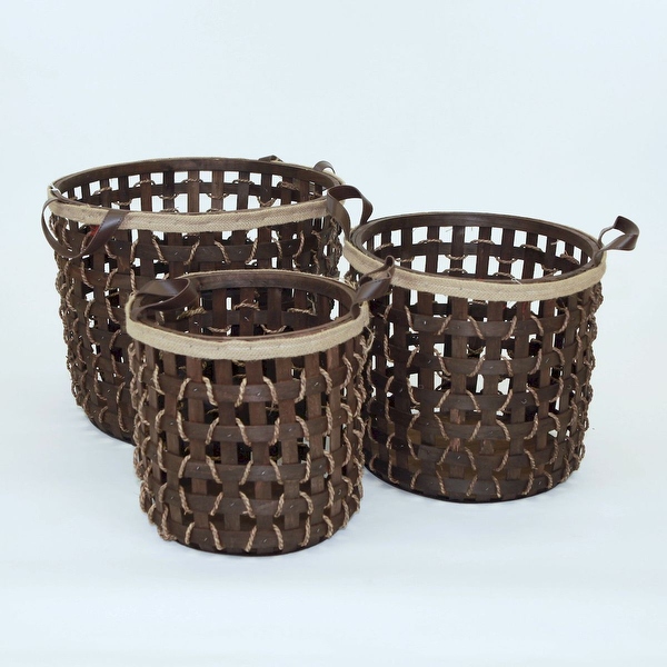 Dark Brown Woven Wood With Fabric Handles Baskets Set Of 3 Bed