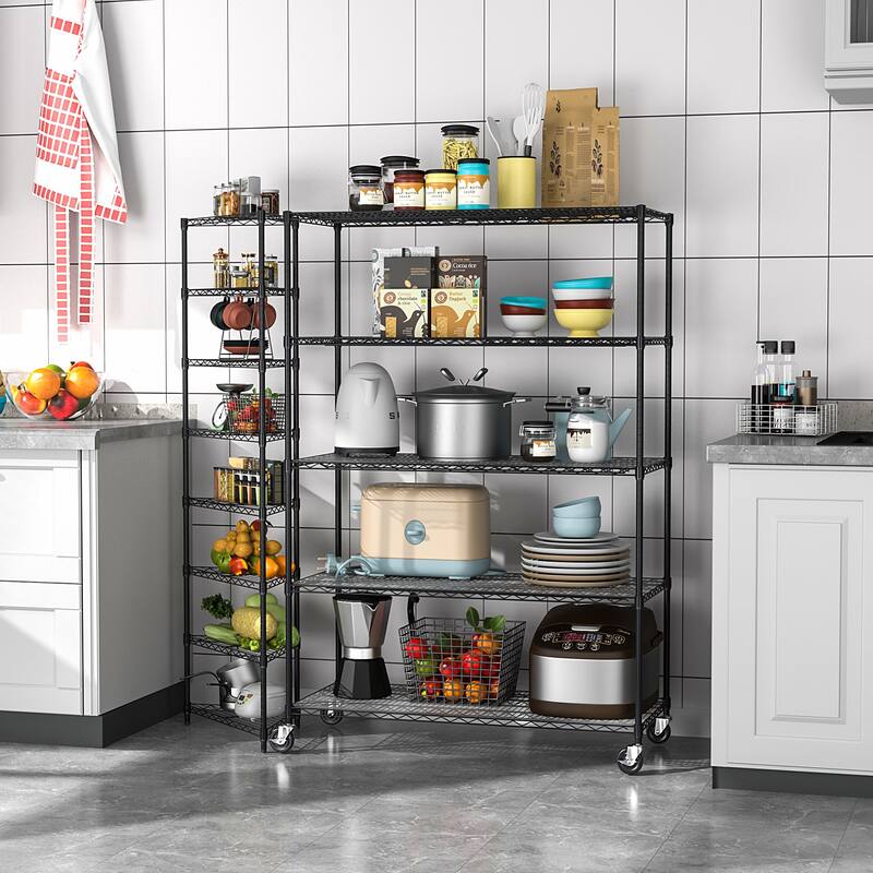 5-Tier Heavy Duty Adjustable Storage Rack, Metal Shelf Wire Shelving Unit with Wheels & Shelf Liners