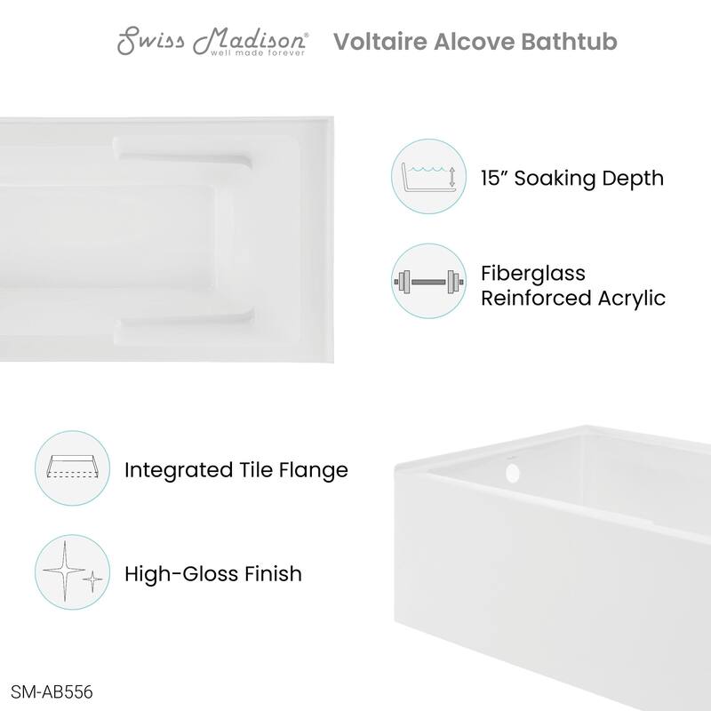 Voltaire 72" x 36" Left-Hand Drain Alcove Bathtub with Apron and Armrest - 72x36 Left